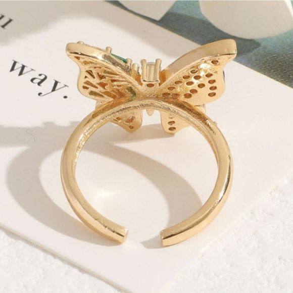 Butterfly Ring With Green Zircon & Rhinestones In Gold Tone - Picture 5 of 10